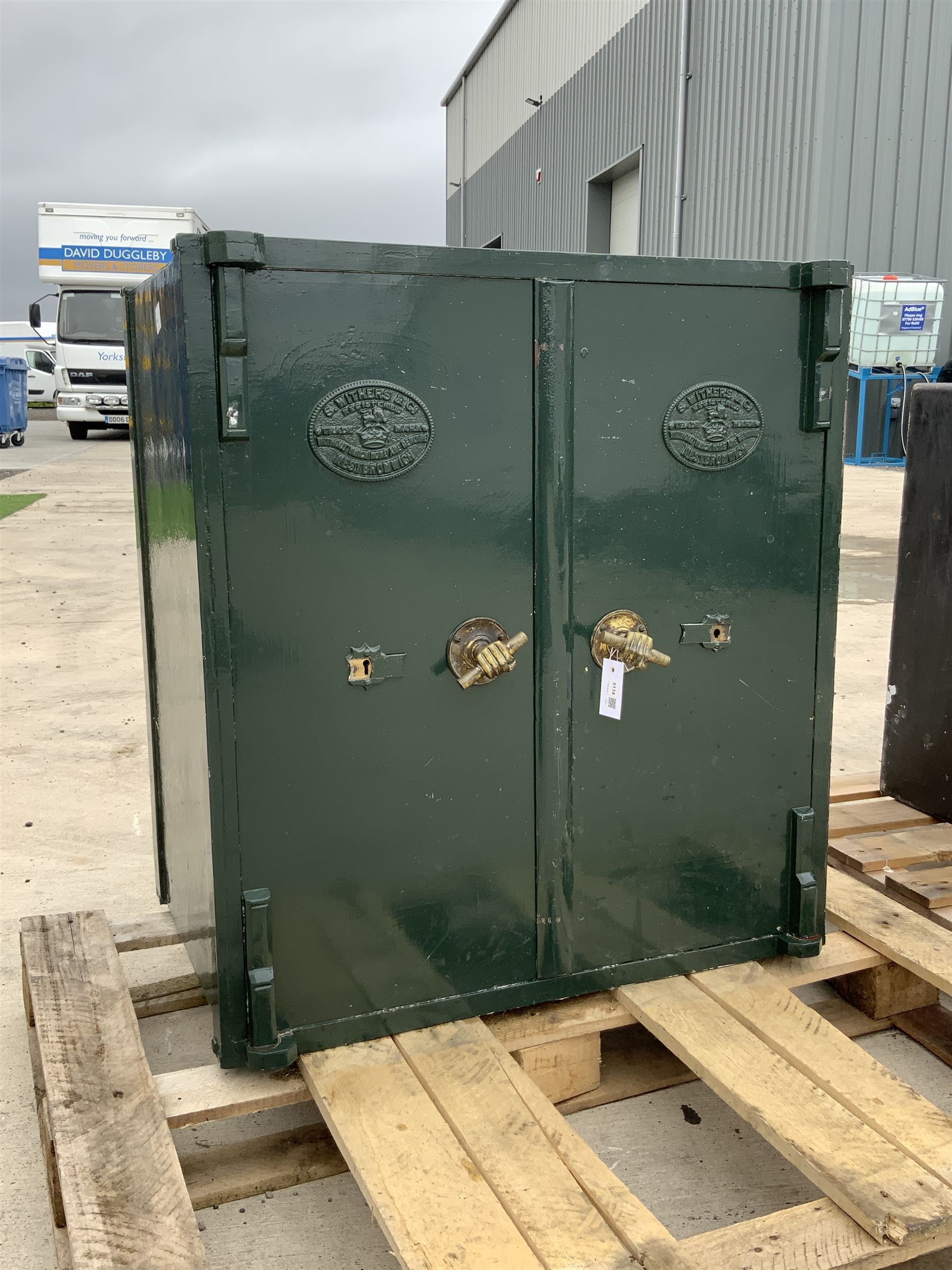 Large Victorian double cast iron safe by Withers of West Bromwich, NO KEYS present, two doors enclosing shelves - THIS LOT IS TO BE COLLECTED BY APPOINTMENT FROM DUGGLEBY STORAGE, GREAT HILL, EASTFIELD, SCARBOROUGH, YO11 3TX
