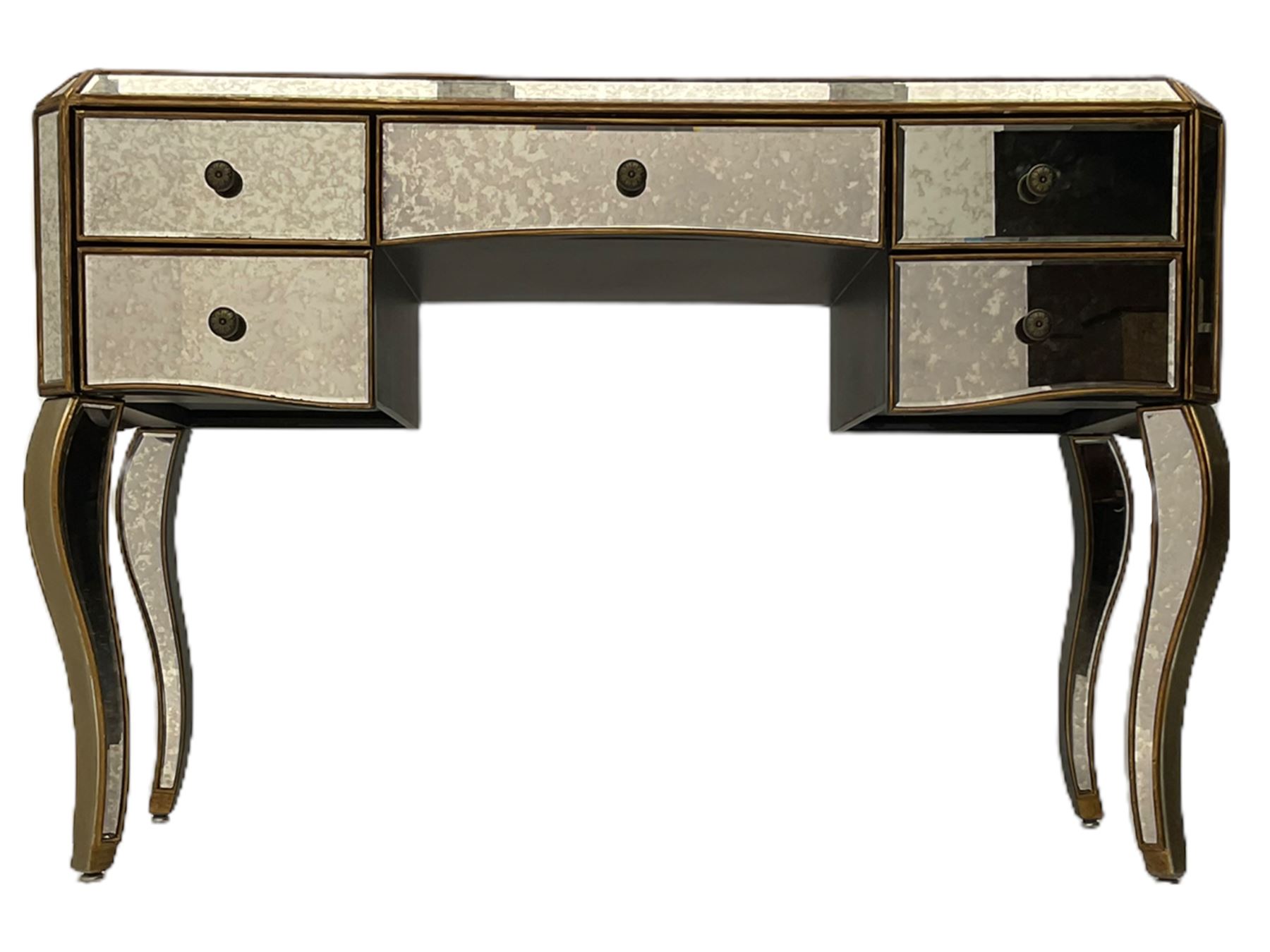 Contemporary mirrored dressing table, bevelled and antique style plates, fitted with five drawers, on cabriole supports 