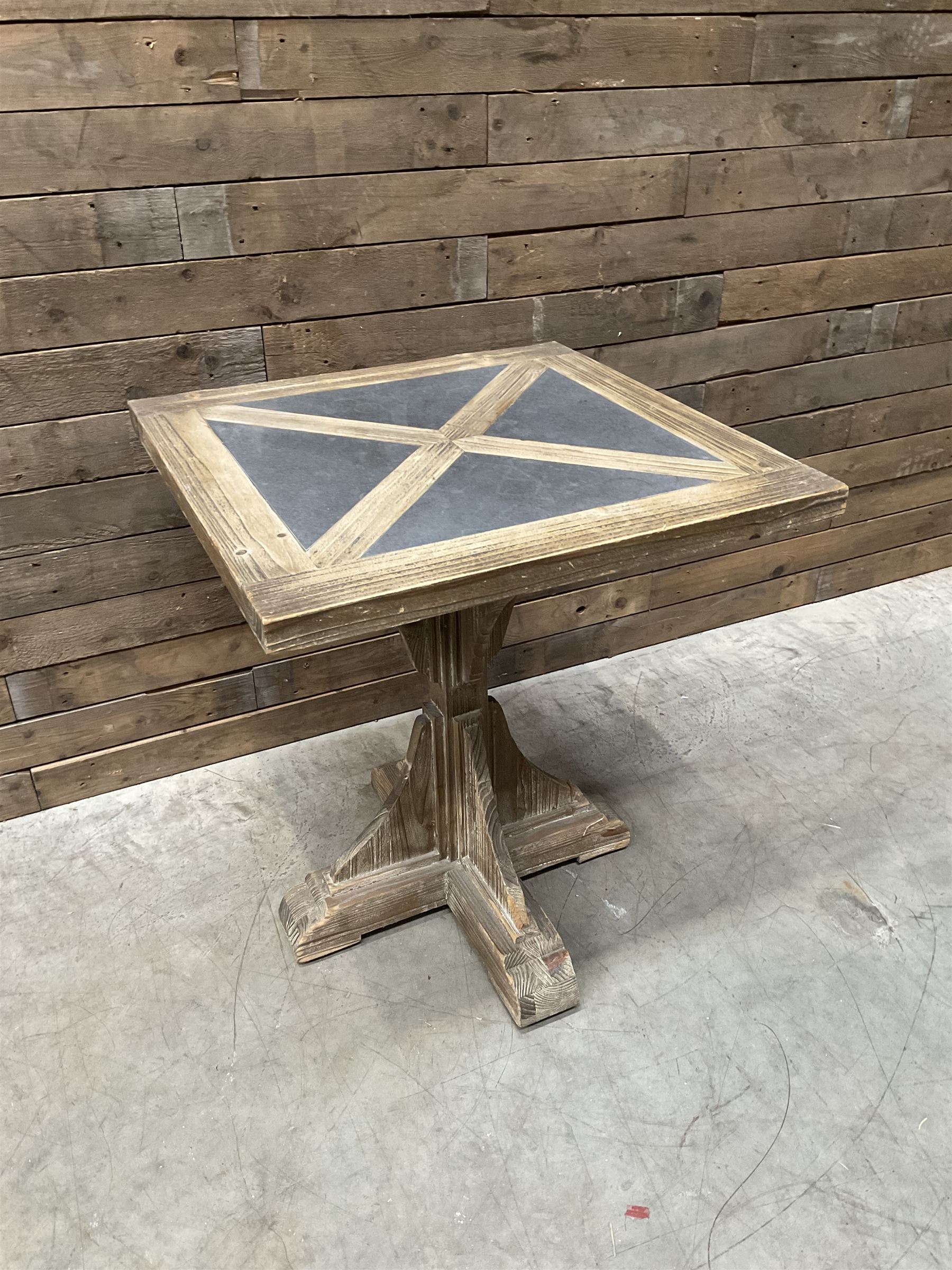 4 x Rustic square restaurant bistro table, parquetry top, X shaped base