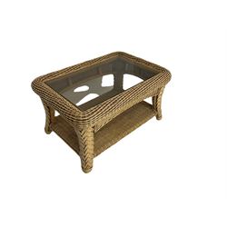 Four piece cane conservatory suite - two seat sofa (W130cm), pair of armchairs (W85cm), and coffee table (85cm x 60cm)