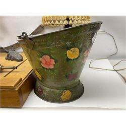 Coal bucket painted with flowers together with pair of bellows, boot scraper in the form of a beetle, wooden guillotine, composite table lamp with tassel lampshade and one other