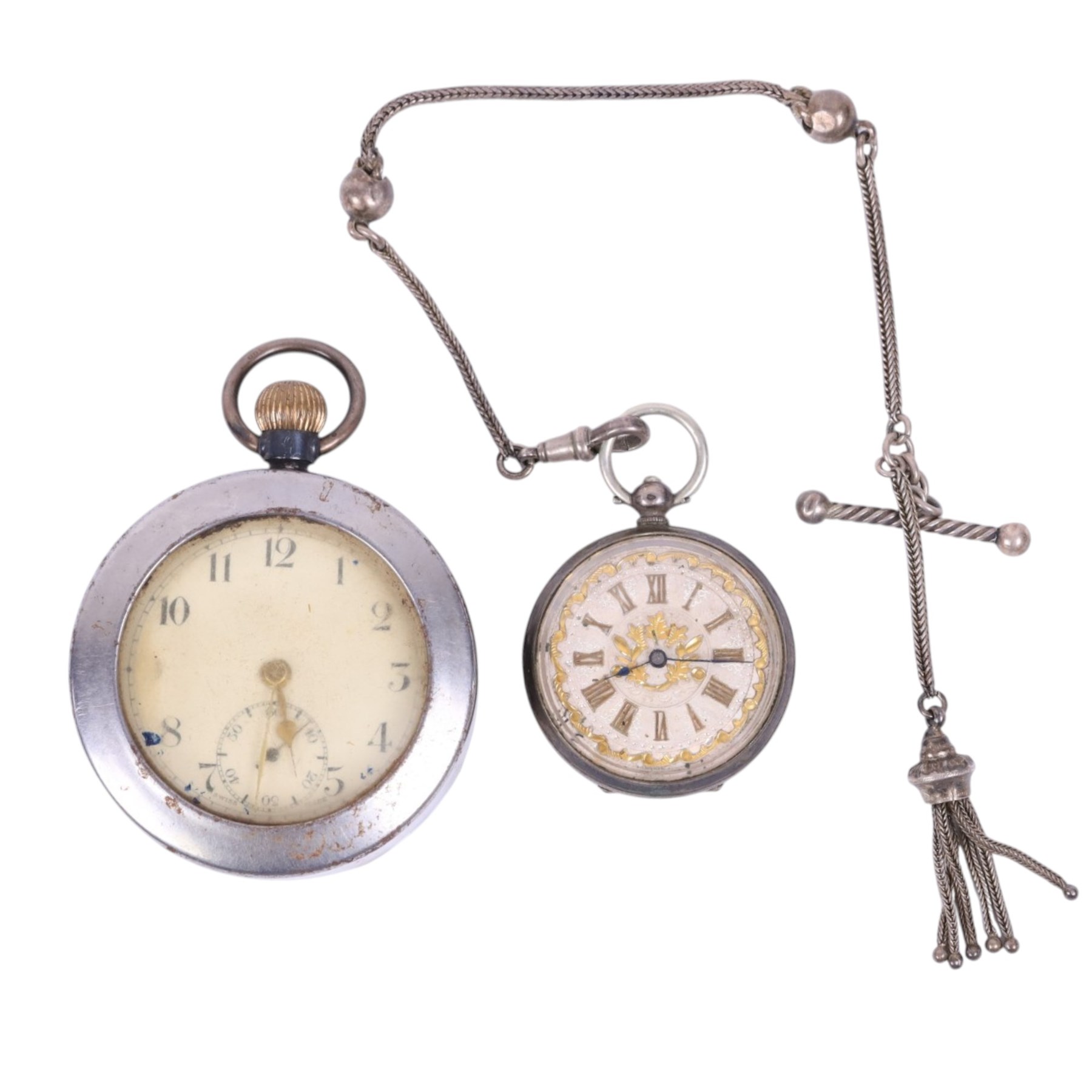 Continental silver ladies fob watch with silvered dial, stamped 800, on Albertina together with a silver cased open faced pocket watch, with silver import marks
