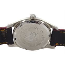 Rotary GT gentleman's stainless steel automatic wristwatch, 21 jewel movement, brown/grey dial with ate aperture and a RW Roamer gentleman's stainless steel manual wind wristwatch, 17 jewel movement and silvered dial, both on leather straps 