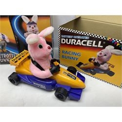 Collection of battery operated Duracell Bunny advertising figures, comprising two limited edition France 98 World Cup football bunnies, racing bunny, football bunny, two globetrotter bunny, fireman bunny and Christmas bunny, all boxed