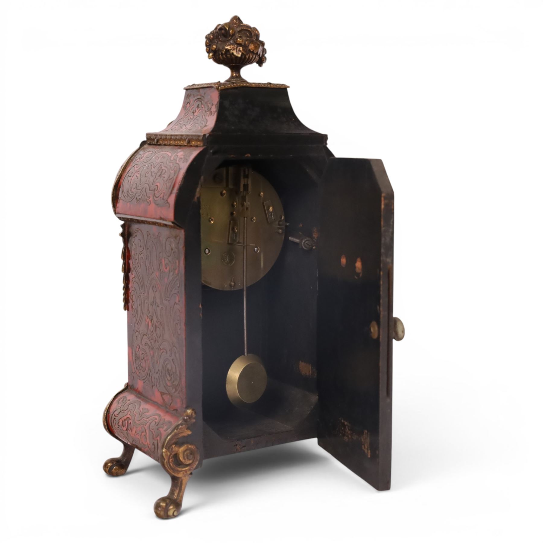 19th century,  French Boulle style mantel clock, drum movement, with a simulated scarlet tortoise shell, gilt brass dial inscribed with Roman numerals upon enamel lozenges, H30cm