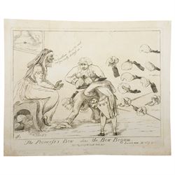 James Sayers (British 1748-1823): 'The Princess's Bow alias the Bow Begum', late 18th century satirical etching pub. Thomas Cornell 1789, 26cm x 32cm with full margins (unframed)
Notes: Edmund Burke is caricatured as a simpering “princess” overwhelmed by the exaggerated bows of Charles James Fox, Richard Brinsley Sheridan (kneeling), and Sir Philip Francis (hidden beneath the chair). The print mocks factional sycophancy within the Whigs and satirises Burke’s oratorical vanity and self-importance at a moment of political tension over India and royal influence.