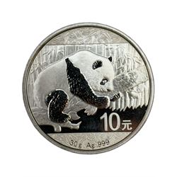 Five China 30g fine silver Panda coins, dated 2016, 2017, 2018, 2019 and 2020