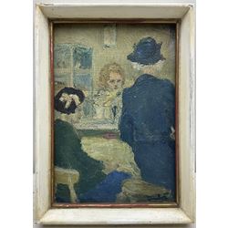 Ronald Ossory Dunlop (British 1894-1973): 'Youth and Age' - Cafe Scene, oil on canvas board signed, indistinctly titled verso 24cm x 16cm
