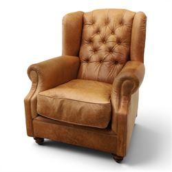 TETRAD for John Lewis - brown leather upholstered wingback armchair, button back with diam...