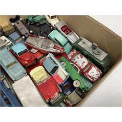 Dinky - over thirty unboxed and playworn die-cast models including Vega Major Luxury Coach, Peugeot 404, Humber Hawk, Ford Transit Van, Jaguar Type D etc; fourteen Dinky road signs; and quantity of other models including Budgie Supercar, Tri-ang Spot-On, Tekno etc