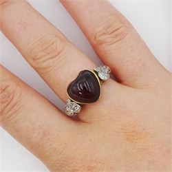 Early 20th century gold heart cut garnet and six stone old cut diamond ring, stamped 18ct, total diamond weight approx 0.50 carat
