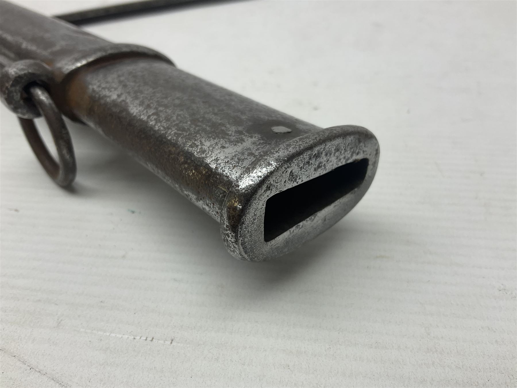 19th century French 1822 Pattern Light Cavalry trooper's sword with 88.5cm slightly curving fullered blade, brass three-bar hilt and wire-bound leather grip; in polished steel scabbard with two suspension rings L110.5cm overall