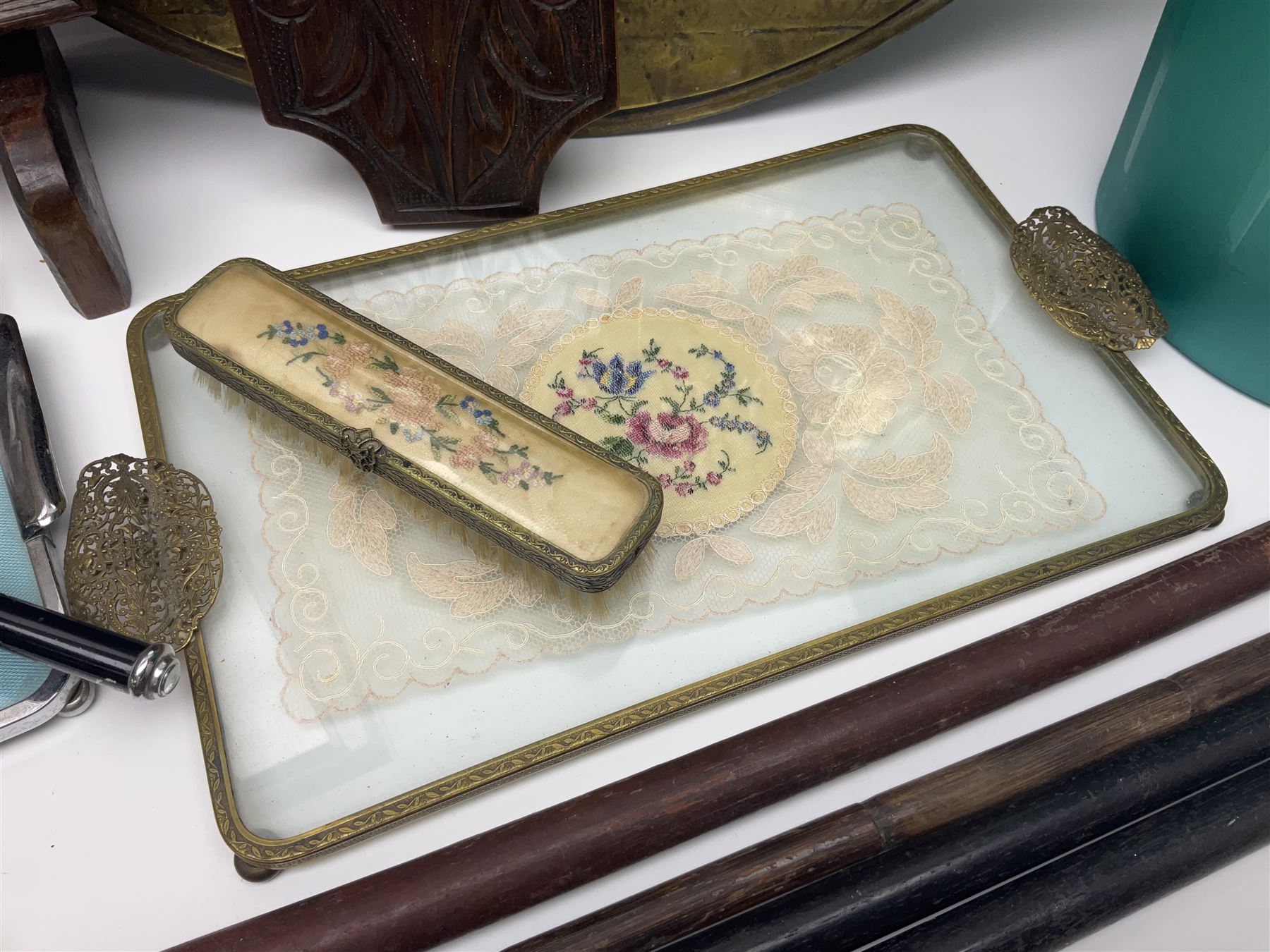 Tapestry fire screen, together with walking sticks, barometer, brass charger etc 