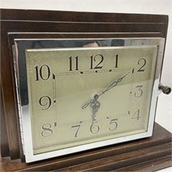 Art deco spring wound mantle clock, in stepped wooden case, H23cm