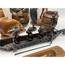Collection of carved wooden items, to include mask, animals, stationary box etc 