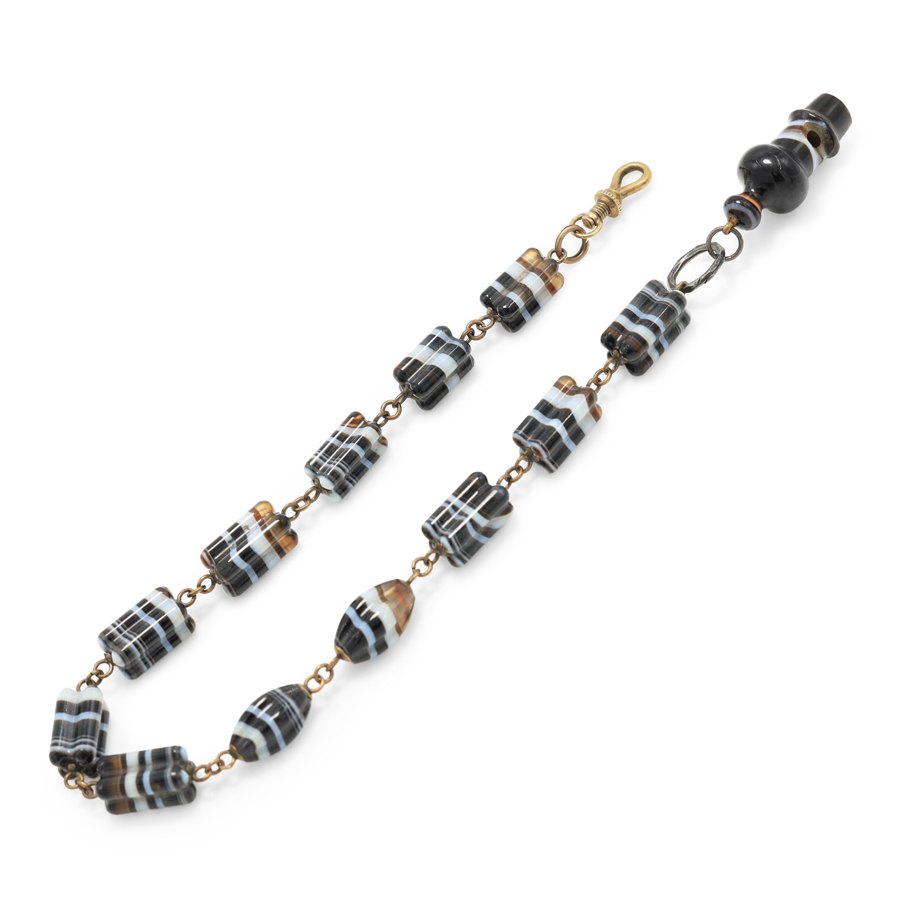 19th / early 20th century banded agate whistle, on an again chain