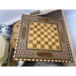 Set of metal weighing scales, pair of Chinese style ceramic table lamps, blue and white ceramics, oriental ceramics and a collection of other glassware, metal ware and collectables, in five boxes 