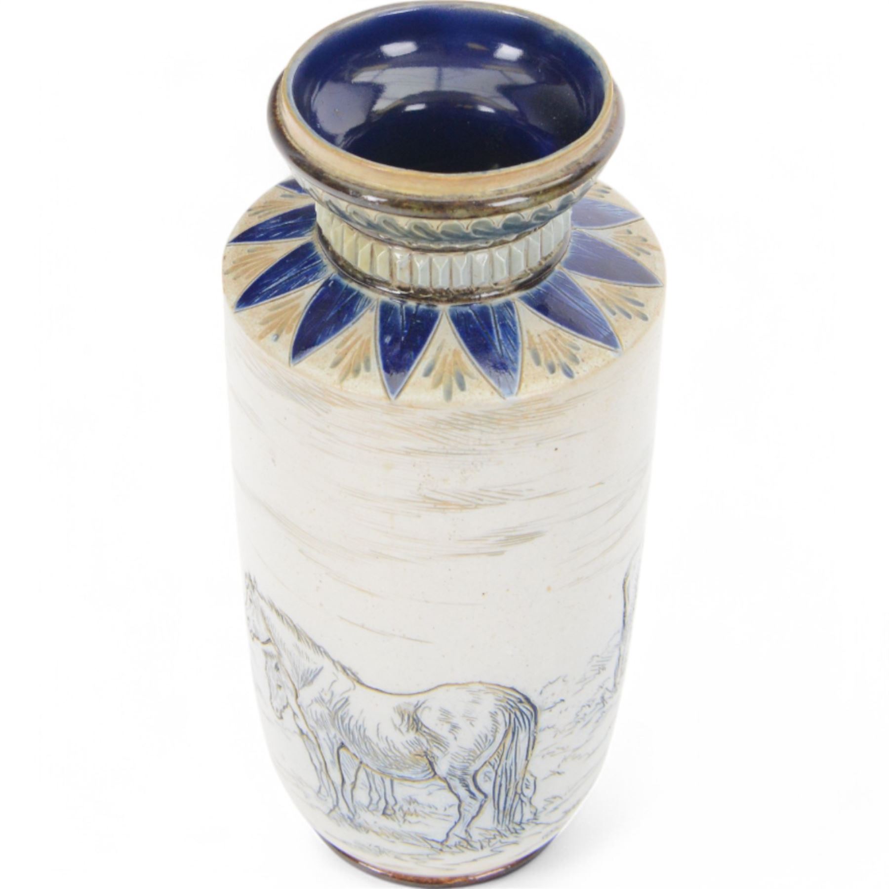 Doulton Lambeth sgraffito vase decorated by Hannah Barlow, decorated with a cattle and horses, with impressed marks beneath, H23cm