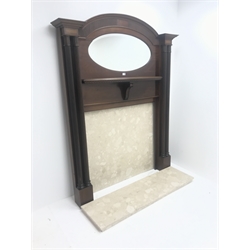 Early 20th century inlaid mahogany surround, arched cresting rail, bevel edge oval mirror, marble back and side, W148cm, H193cm