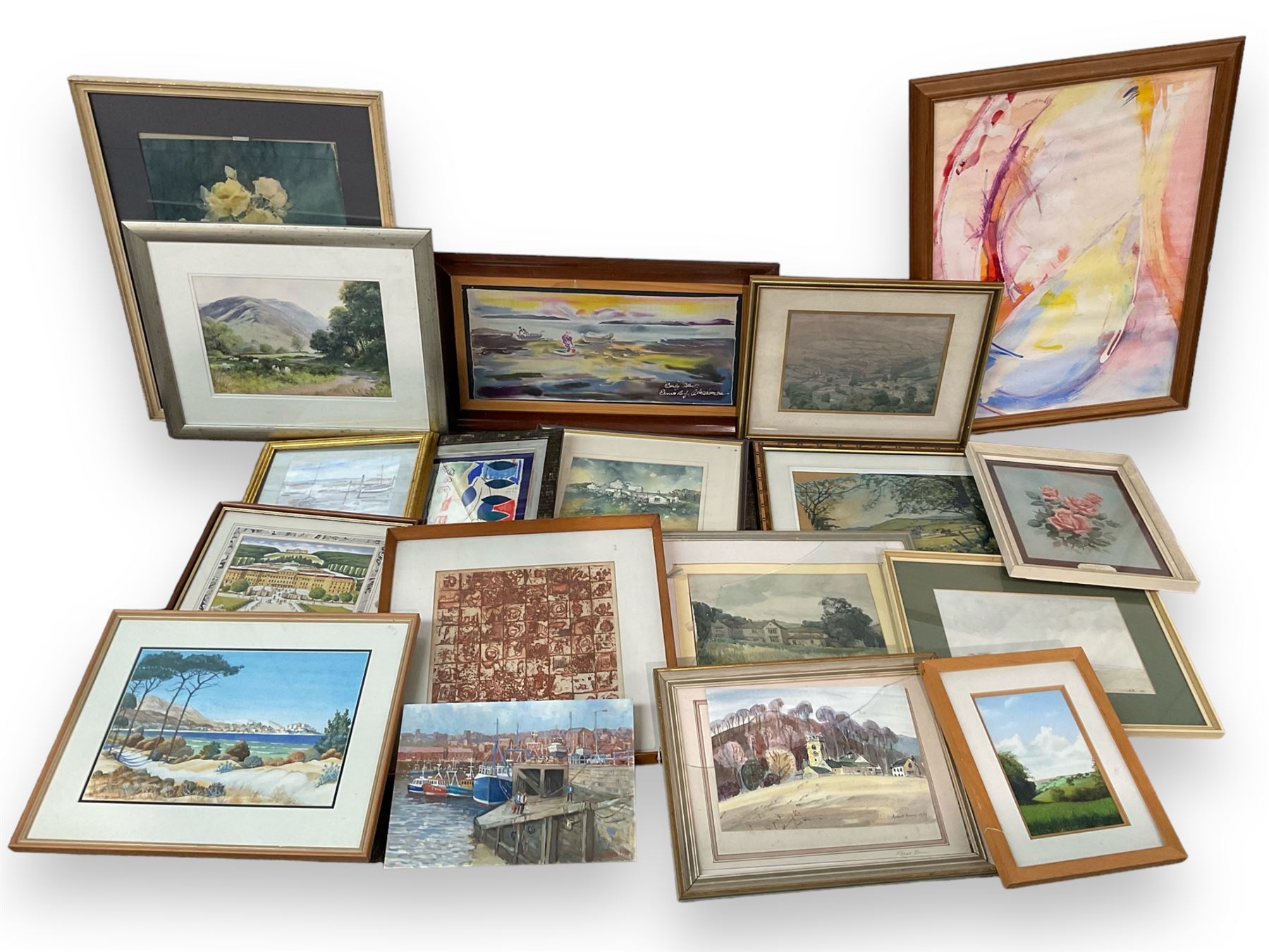 Collection of 20th century and contemporary watercolours and other original works to include Malcolm Jones, Major F Osborne, John Ayers, Joe Hush and Stanley Cunningham in one box (approx. 18)