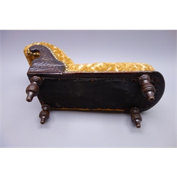  Late 19th/early 20th century doll's chaise longue with mahogany stained carved frame, scrolling back and cut dralon upholstery on four turned legs L41cm  