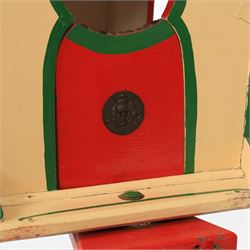 G & J Lines wooden gypsy caravan model, painted in cream with red roof, wheels and green detailing, H51cm, L89cm
