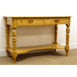  Victorian pine side table two drawers, turned supports joined by single undertier, W115cm, H75cm, D53cm  