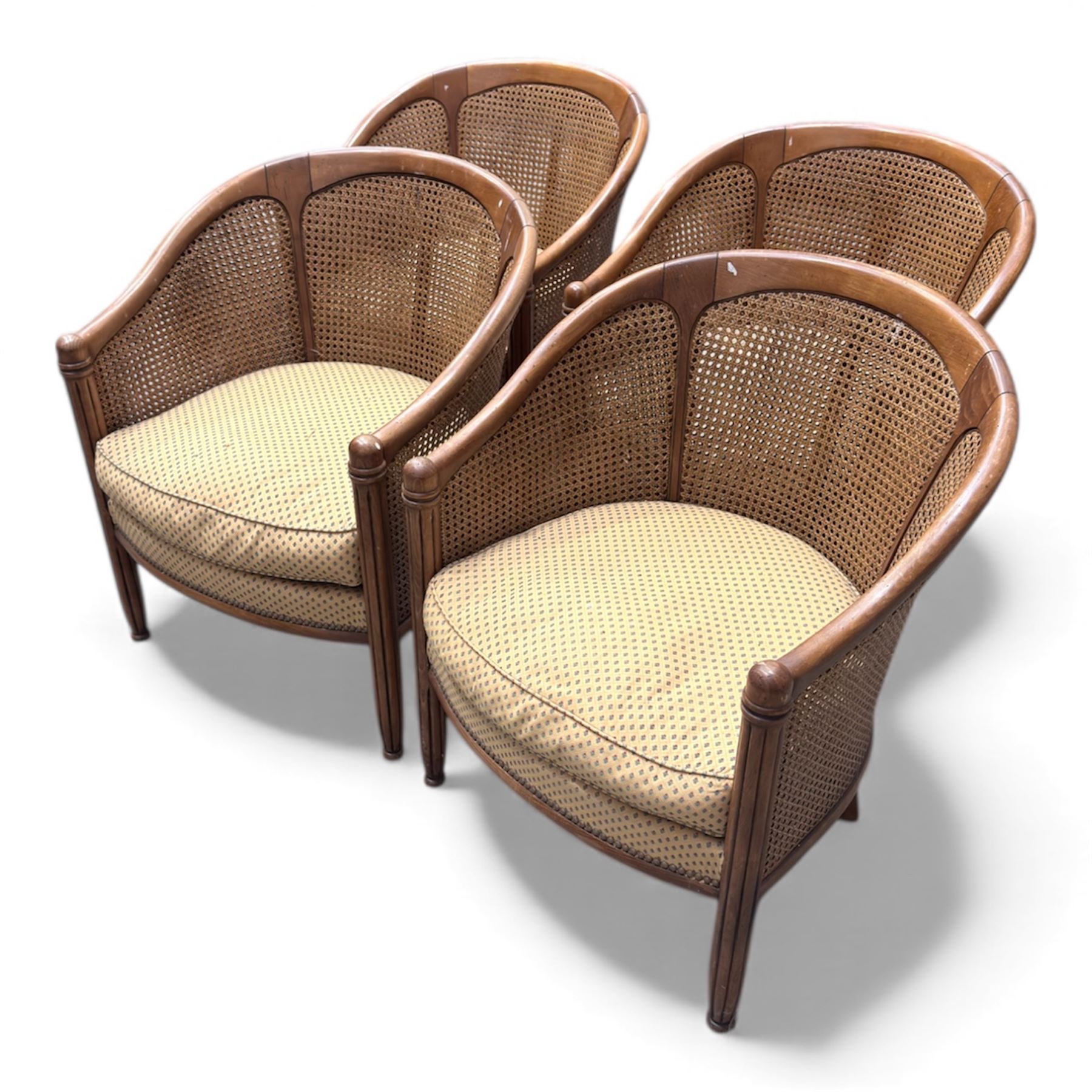 Set of four bergere armchairs with woven rattan back and sides