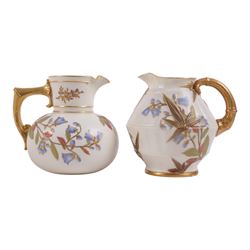 Five Royal Worcester Blush Ivory jugs, comprising one shape 1085 example with bamboo handle, one shape 1376 example with floral decoration and gilt handle and three shape 1094 examples, each decorated with floral sprigs, with printed marks beneath, tallest H14cm