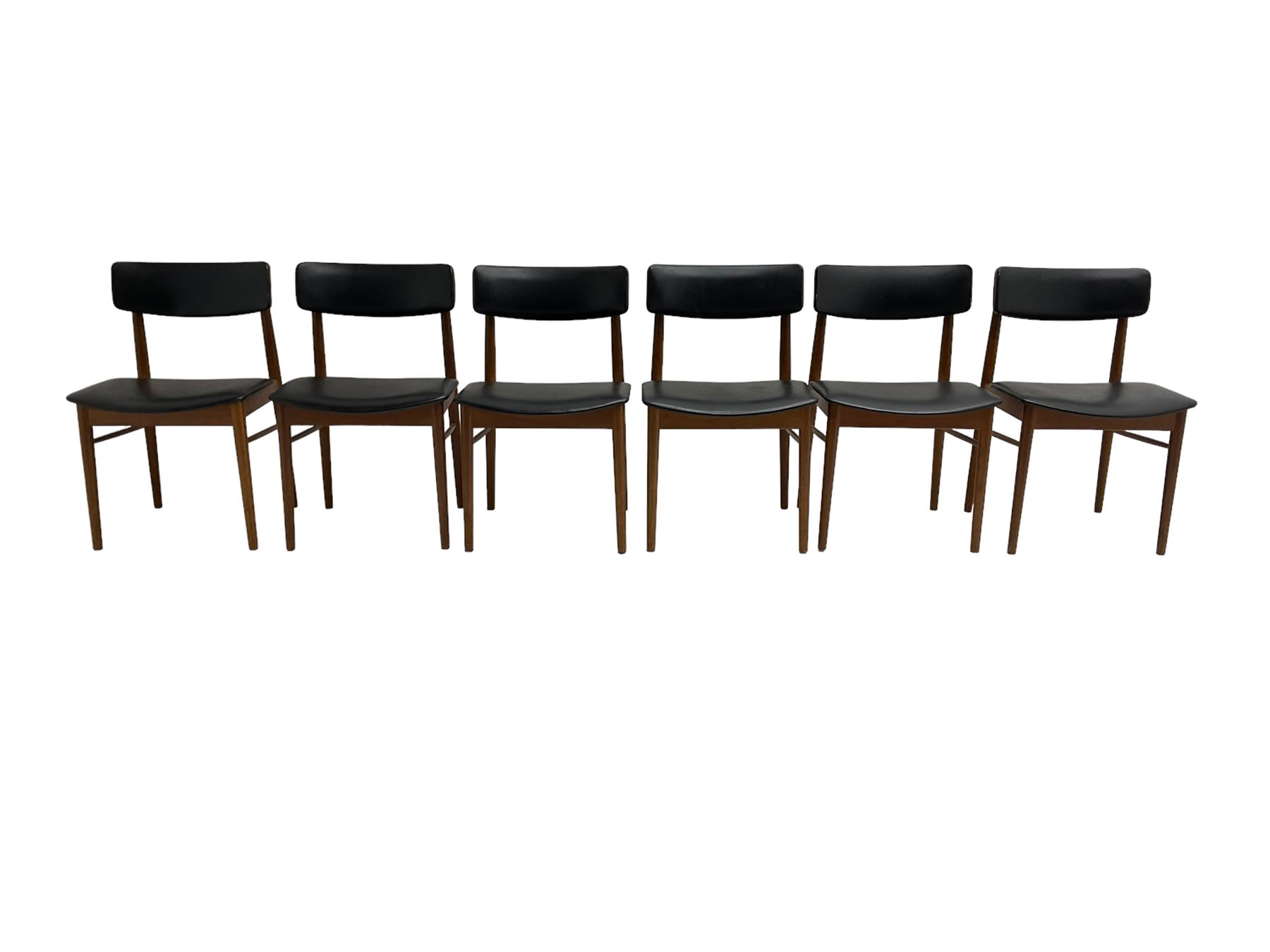 S Chrobat for Sax Mobler - set six mid-20th century Danish teak dining chairs, seat and back rail upholstered in black leatherette, raised on tapering supports