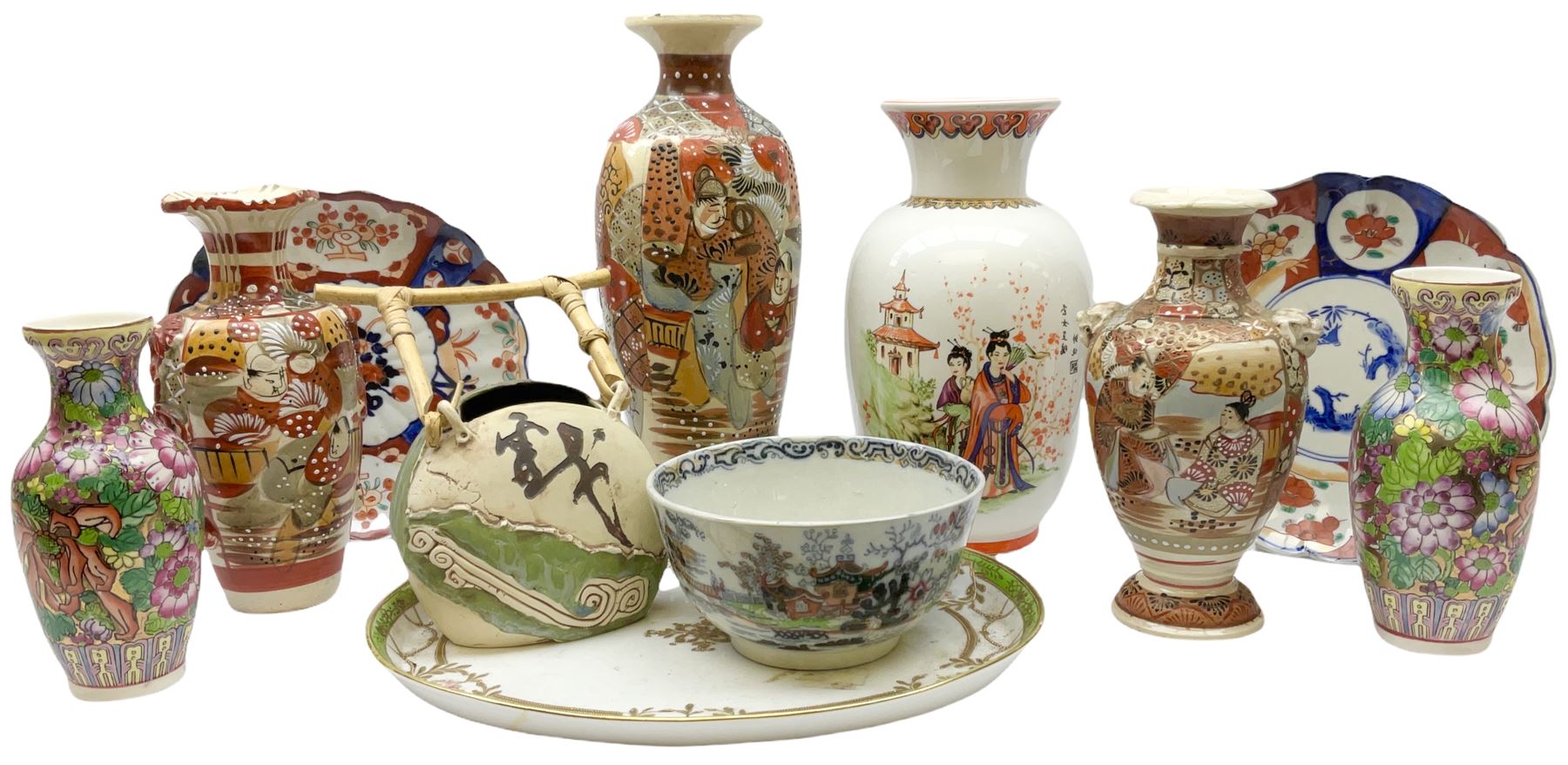 Collection of mostly Oriental ceramics, to include three 20th century Japanese Satsuma vases, two Japanese Imari plates, etc. 