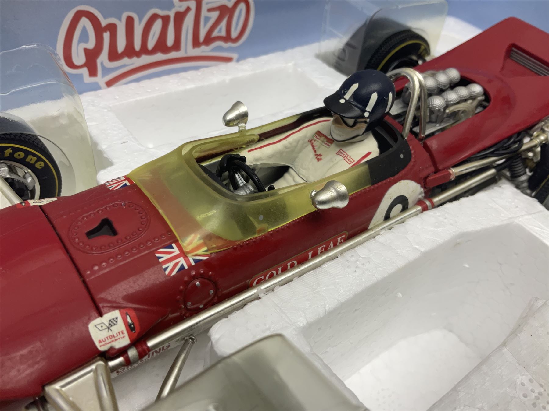 Four Quartzo/A-Model 1:18 scale die-cast racing cars - Lotus 72D 'JPS' Winner British G.P. 72 Emerson Fittipaldi; Lotus 49 Winner British G.P. 67 Jim Clark; Lotus 49B U.S.A. G.P. 68 Mario Andretti; and Lotus 49B Winner Monaco G.P. 68 Graham Hill; all boxed (4)
