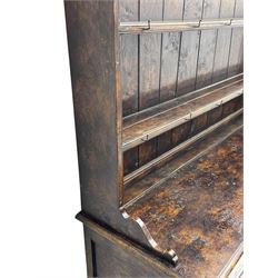 Bylaws of Leominster - 18th century design figured oak dog kennel dresser, the raised plate rack with projecting cornice over hooks and three tiers, moulded rectangular top over three drawers and two panelled cupboards, moulded frame and panelled sides, on stile supports