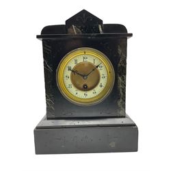 A late 19th century French mantle clock in an architectural Belgium slate case with contrasting variegated marble panels to the front, eight-day timepiece movement with a recoil anchor escapement, two-part dial with a gilded centre and enamel chapter ring, with steel fleur di Lis hands, upright Arabic numerals and minute markers within a brass bezel and bevelled flat glass. With pendulum.
W23 H30 D13
