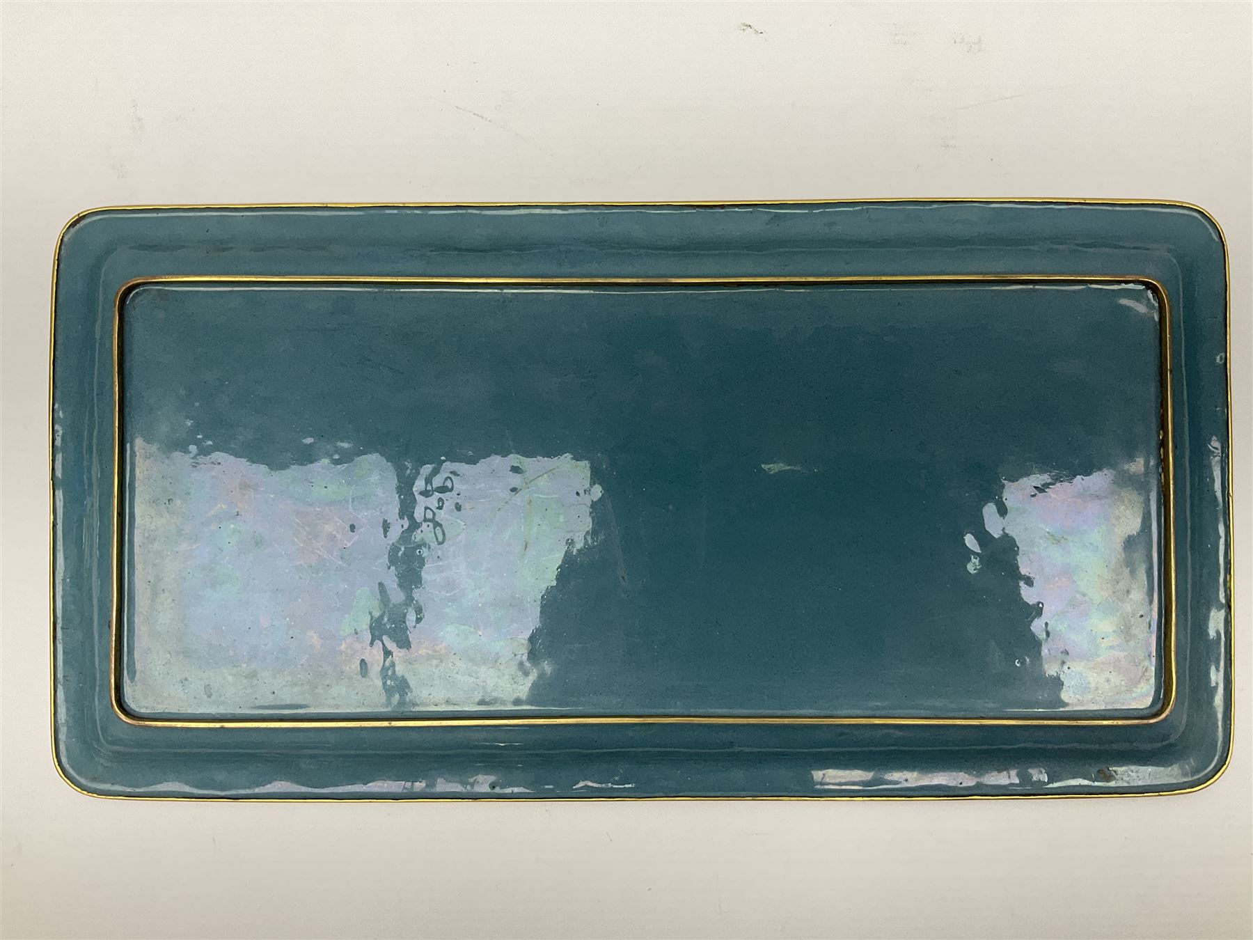 20th century Chinese cloisonne enamel smoking set, comprising two ashtrays, box and tray, with floral and foliate scrolling on green ground