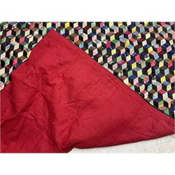 19th Century silk and satin tumbling blocks pattern patchwork quilt with black border 228cm X 196cm