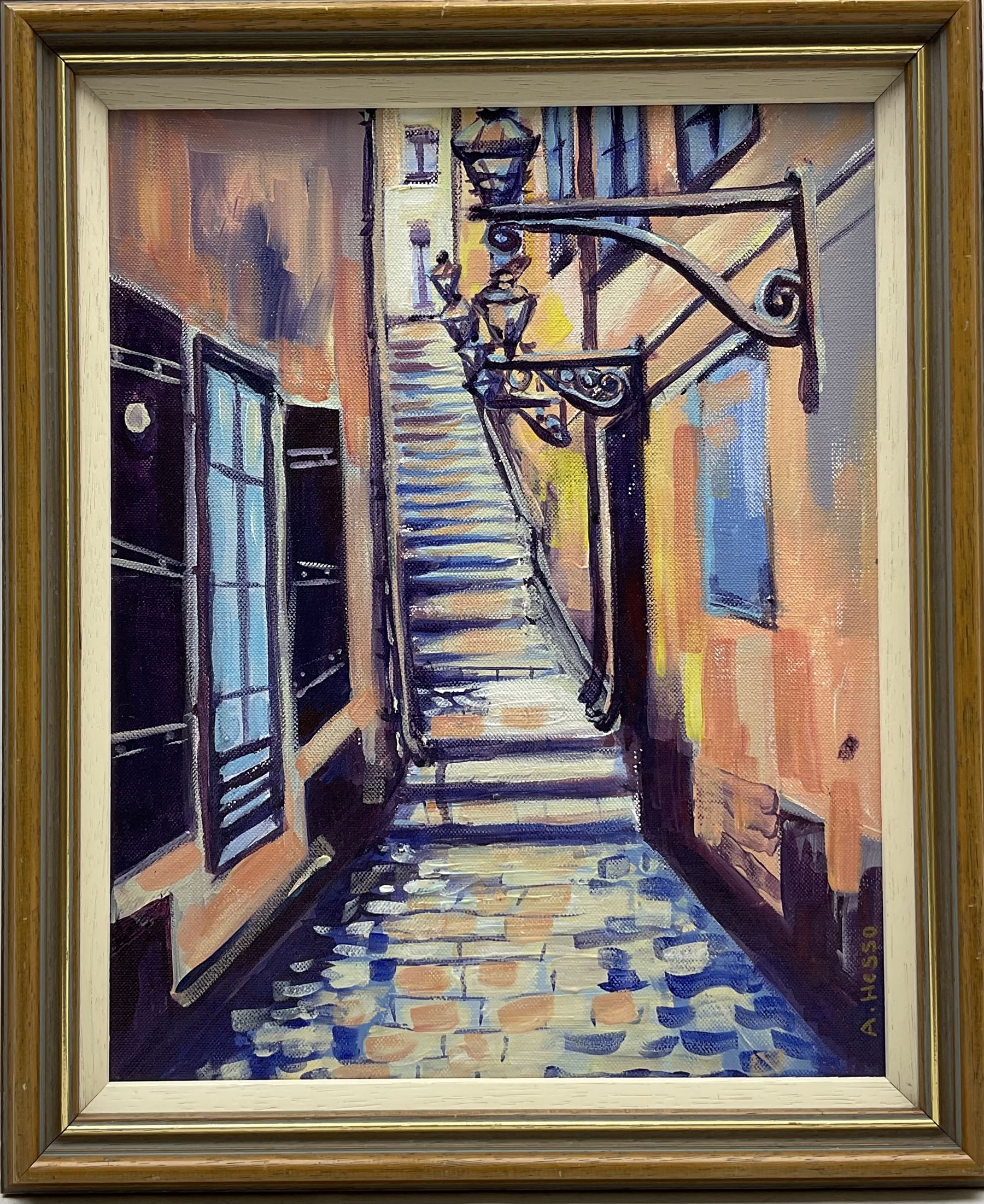 Al Hesso (Swedish Contemporary): The Stairway Gamla Stan, oil on canvas signed, titled and dated 2010 verso 40cm x 32cm