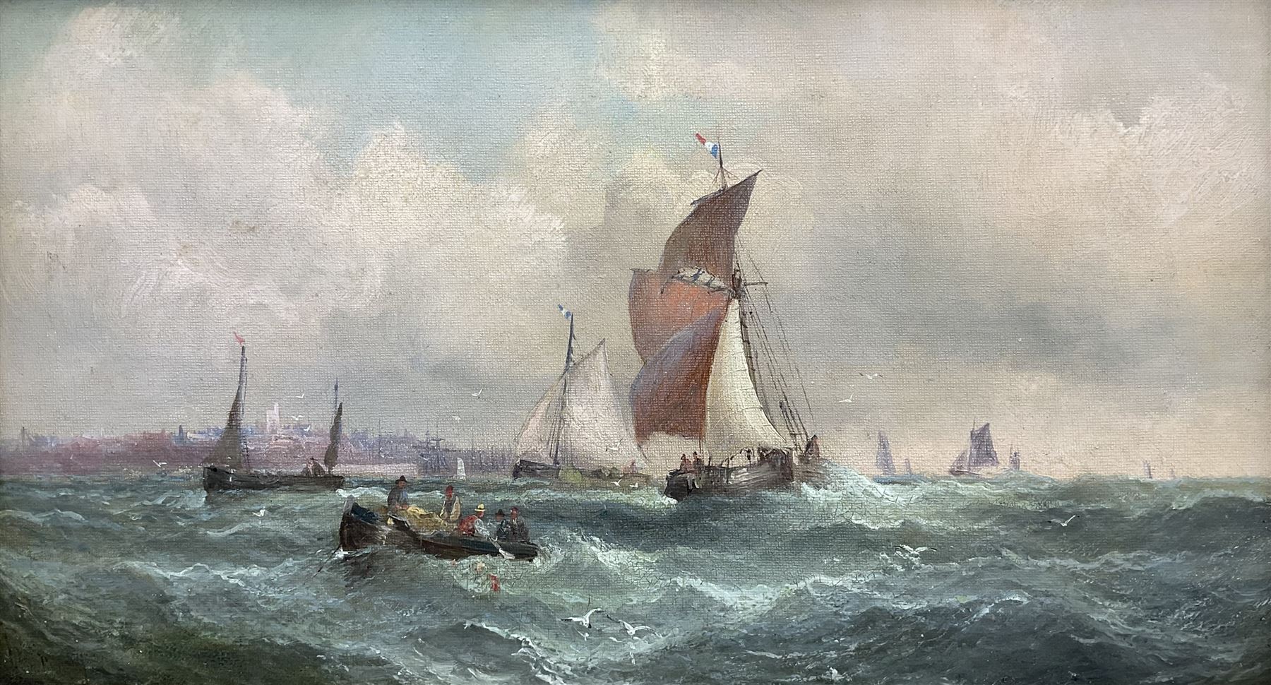 William Anslow Thornley (British fl.1858-1898): Shipping at Sea, oil on canvas signed 24cm x 44cm