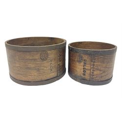 Two 19th century wood and metal bound grain measures, stamped Peck and Gallon, Peck D29cm, Gallon D22cm 