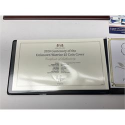 Danbury Mint 'The Ultimate James Bond Collection' comprising stamps and coins housed in a display case, 'Concorde Queen of the Skies' sculpture, stamps, medallion display and 2020 'Centenary of the Unknown Warrior' five pound coin cover in Harrington and Byrne folder