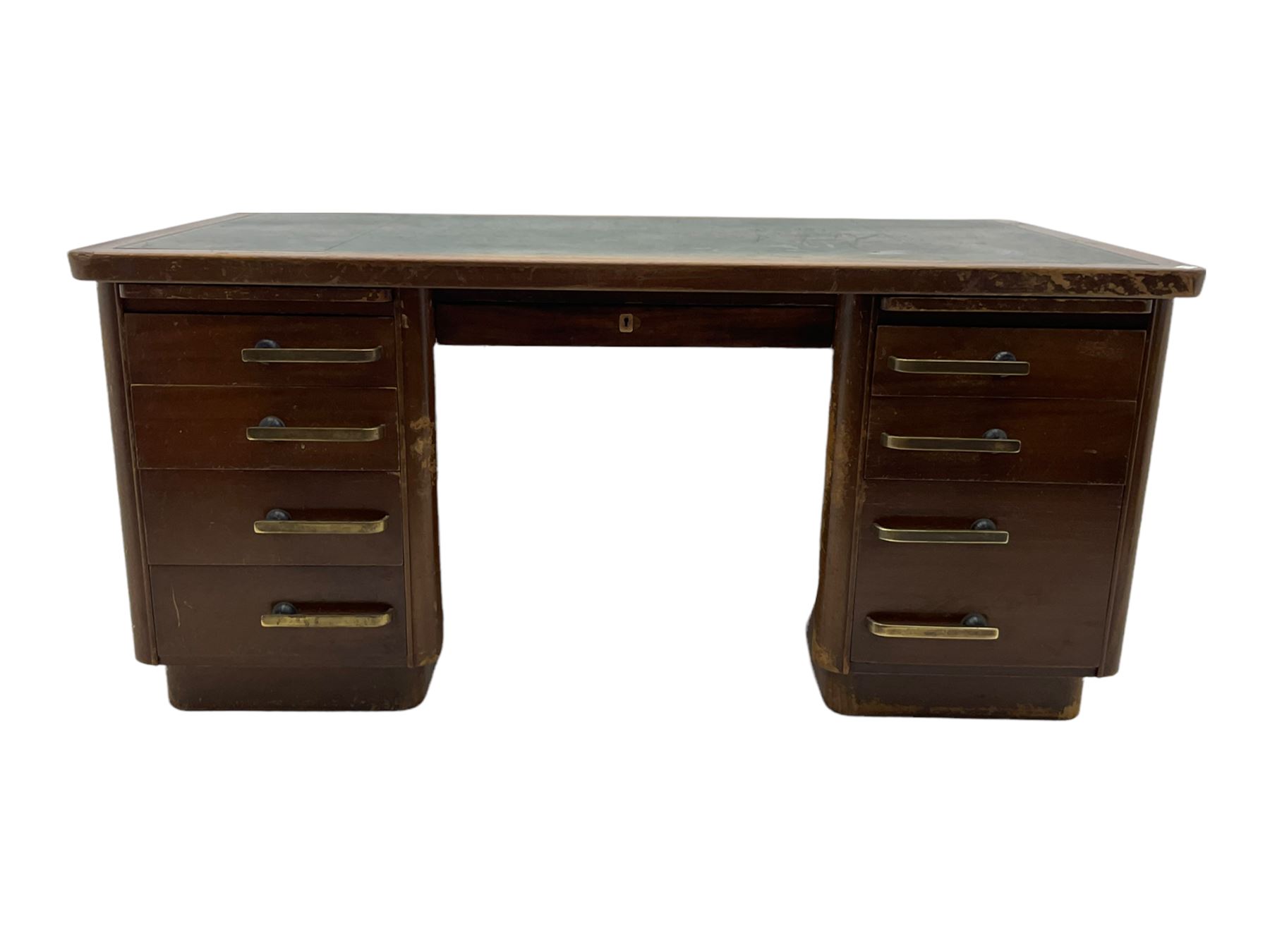 Abbess - mid 20th century mahogany twin pedestal office desk, inset leather writing surface, fitted with nine drawers and three slides