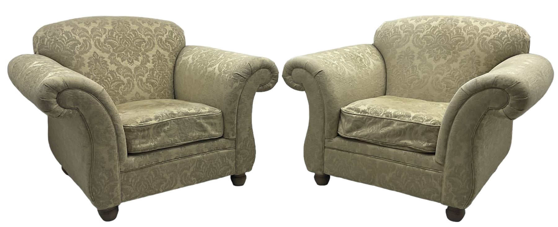 Traditional design three-piece lounge suite - three-seat sofa (W220cm, H90cm, D90cm); two armchairs (W115cm); and two footstools (77cm x 43cm, H31cm); upholstered in cream damask fabric