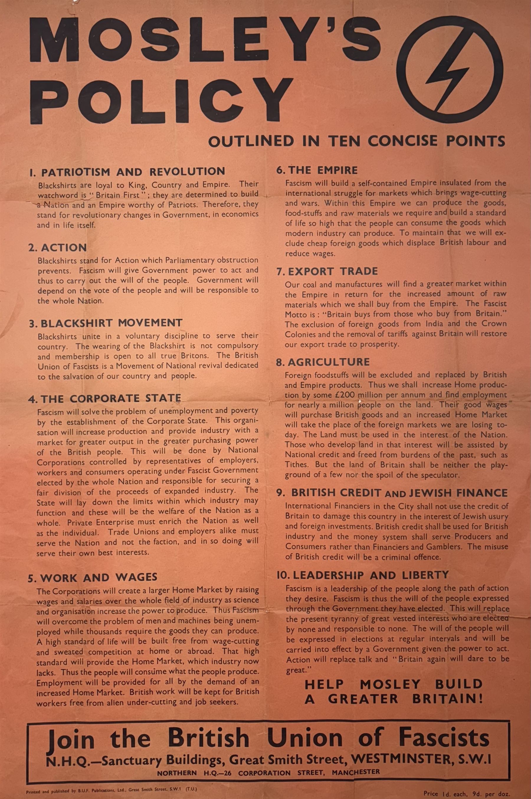 1930's British Union of Fascist poster Mosley's Policy, Outlined in ten concise points, H76cm, W50cm    