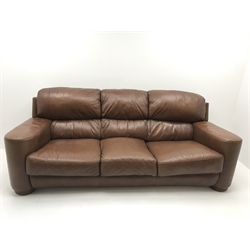Three seat chocolate faux leather sofa, turned supports, W240cm