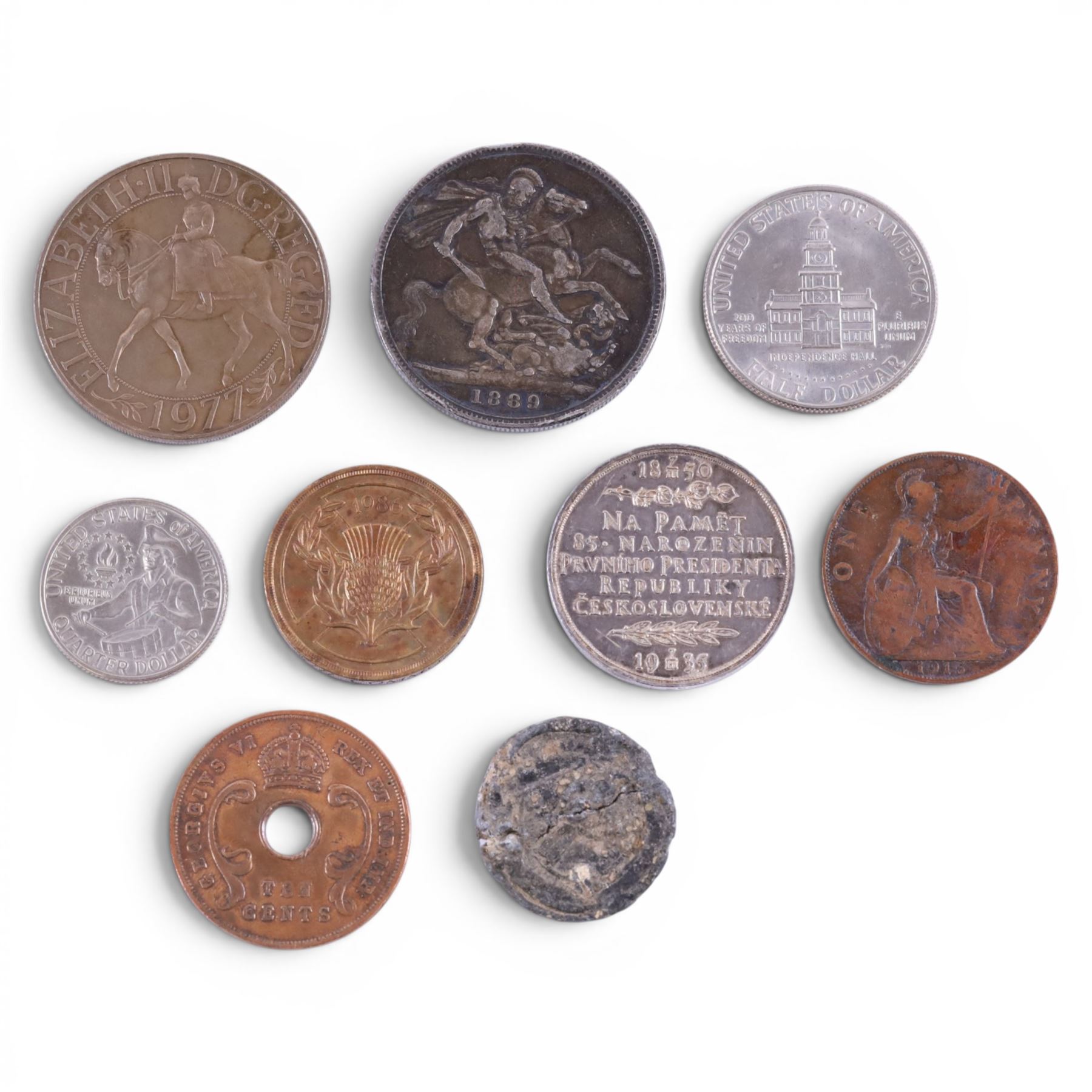 Queen Victoria 1889 silver one crown coin, Czechoslovakian silver Tomas G Masaryk medallion, and seven further coins