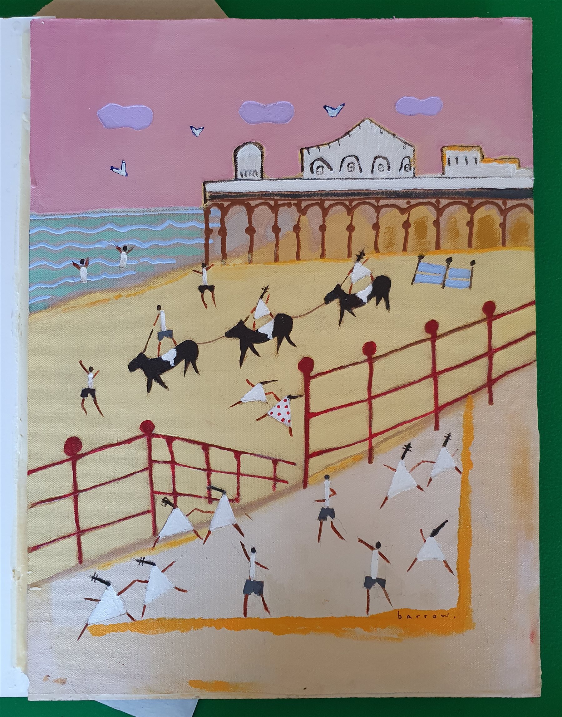 David Barrow (Northern British 1959-): 'The Pier', oil on canvas with cut-out relief laid on board signed, titled and dated December 2014 on artist's studio label verso 40cm x 30cm

