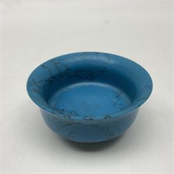 Carved single piece turquoise bowl with fluted rim, upon a raised footed base, D10cm, H5cm