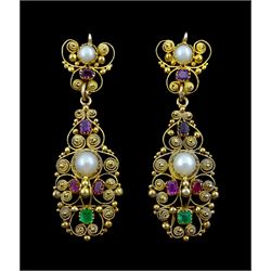 Pair of gold emerald, ruby, pearl, topaz pendant stud earrings, with applied wire work decoration