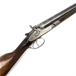 19th century Purdey 12-bore side-by-side double barrel black powder hammer gun, 76cm cylinder bored un-choked barrels with 2.5