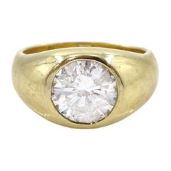 Gold single stone bezel set round brilliant cut diamond ring, stamped 14K, diamond approx 3.75 carat, clarity I1, colour G-I